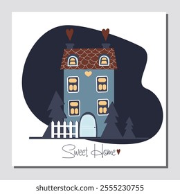 Vector illustration of cute house with garden in paper art style on white background. Sweet home.	Cute card