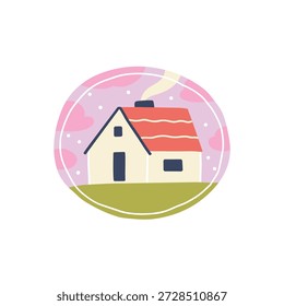 Vector illustration of cute house in hand-drawn round medallion with pink clouds background. Naive ceramic charm in cottagecore style for village branding, nursery decor, clay craft and stationery