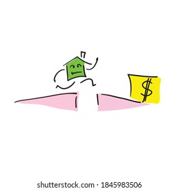 Vector illustration of cute house jumping for money