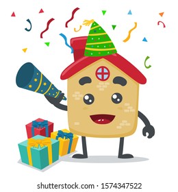 vector illustration of cute house mascot celebrating happy new year, on white background 