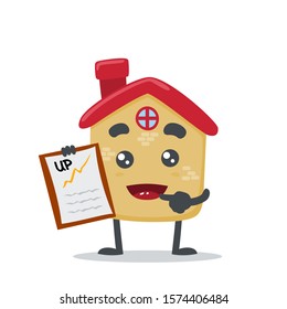 vector illustration of cute house mascot presetation with clipboard, on white background 