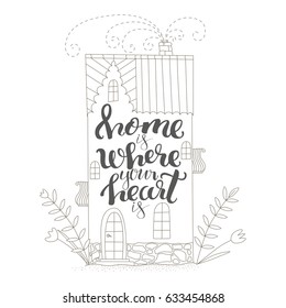 Vector illustration with cute house and modern lettering 