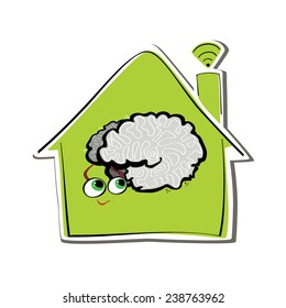 Vector illustration of cute house with radars and a smart brain with big eyes
