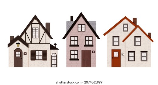 Vector illustration of cute houses exterior in different colors. European, rural architecture, townhouse buildings. Flat houses isolated on white background.