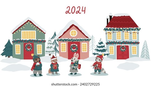 
Vector illustration with cute houses and fox, hare, bear and raccoon in flat style. Can be used for cards, posters, printing on fabric, paper, etc.