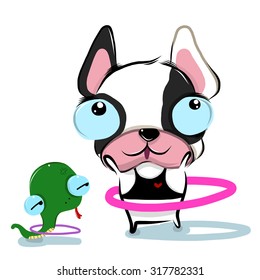 vector illustration of cute hula-hoop-bulldog cartoon  drawing style