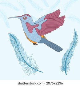 Vector illustration with cute humming-bird and feathers