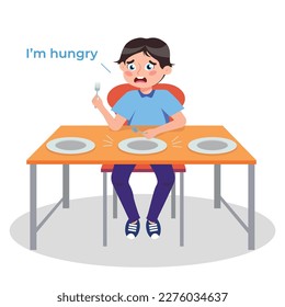 Vector illustration of a cute hungry boy. Cartoon scene of a boy sitting at a table with plates and holding a fork and spoon in his hands waiting for food isolated on white background.