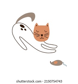 Vector illustration of a cute hunting cat in doodle style on a white background.