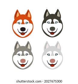 Vector illustration with cute husky dog faces isolated on white background.