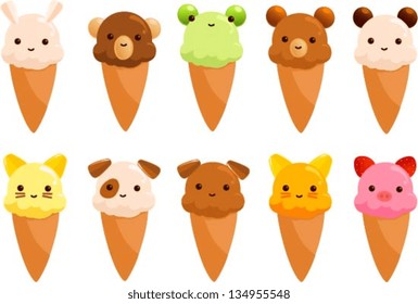 Vector illustration of cute ice cream cones that look like animals.