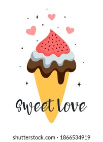 vector illustration of cute ice cream cones with text sweet love isolated on white background, design concept dessert, kids, greeting valentines card