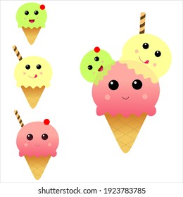 Vector illustration of cute ice cream set. Ice cream cartoon character. Fun happy doodle for kids.