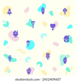 Vector illustration of a cute Ice cream and popsicle. Collection of dessert, cone, waffle, vanilla, yammy, soft, stick, scoop and other elements. Isolated on beige.