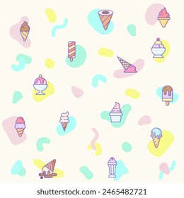 Vector illustration of a cute Ice cream and popsicle. Collection of dessert, cone, waffle, vanilla, yammy, soft, stick, scoop and other elements. Isolated on beige.