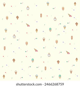 Vector illustration of a cute Ice cream and popsicle. Collection of dessert, cone, waffle, vanilla, yammy, soft, stick, scoop and other elements. Isolated on beige.