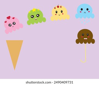Ilustración vectorial de helado lindo, caricatura de la primicia, muchos sabores, cono, postre, dulce, verano, playa y comida. Estilo de dibujos animados planos.