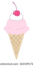 Vector illustration of cute ice cream. Strawberry, cherry, whipped, dessert