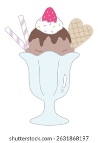 Vector illustration of a cute ice cream parfait. Strawberry, whipped, dessert, chocolate