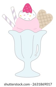 Vector illustration of a cute ice cream parfait. Strawberry, whipped, dessert