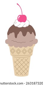 Vector illustration of cute ice cream. Cherry, whipped, dessert