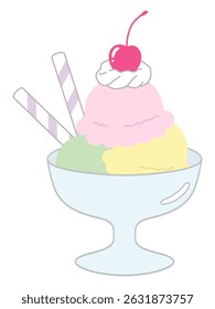 Vector illustration of cute ice cream. Cherry, whipped, dessert