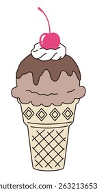 Vector illustration of cute ice cream. Cherry, whipped, dessert