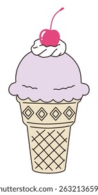 Vector illustration of cute ice cream. Cherry, whipped, dessert