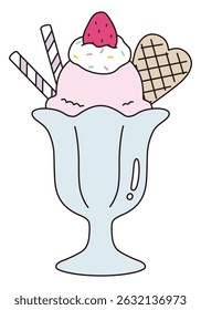 Vector illustration of a cute ice cream parfait. Strawberry, whipped, dessert