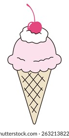 Ilustração vetorial de sorvete bonito. Morango, cereja, chicoteado, sobremesa