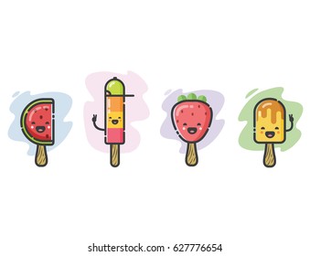 Vector illustration of cute ice-cream cartoon characters, funny food icons set 