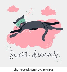 Vector illustration. Cute icon of black cat on pink cloud. Hand drawn calligraphy "Sweet dream". Every element is isolated. Concept of care yourself, relax. Design for nursery, kids, children room.