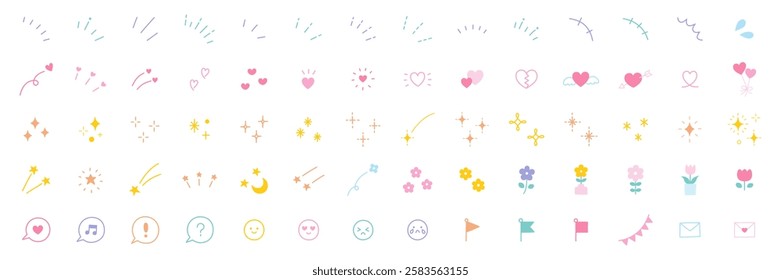 Vector illustration of a cute icon set. Ornament, heart, simple, star, concentrated line
