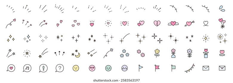 Vector illustration of a cute icon set. Ornament, heart, simple, star, concentrated line