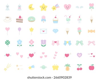 Ilustración vectorial de un lindo conjunto de iconos. Adornos, corazones, dulces, estrellas, cintas