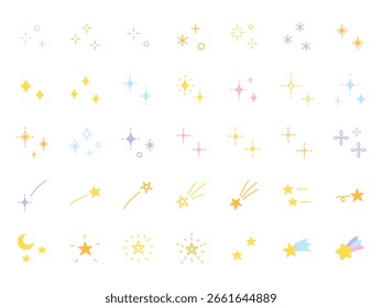 Ilustración vectorial de lindo conjunto de iconos. Estrellas, brillo, destellos, estrellas fugaces, adornos