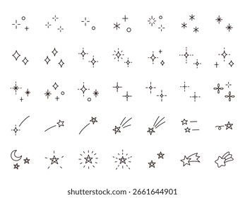 Ilustración vectorial de lindo conjunto de iconos. Estrellas, brillo, destellos, estrellas fugaces, adornos