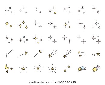 Ilustración vectorial de lindo conjunto de iconos. Estrellas, brillo, destellos, estrellas fugaces, adornos