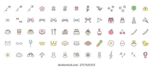 Ilustración vectorial de un lindo conjunto de iconos. Adornos, flores, dulces, cintas, perros, pollitos