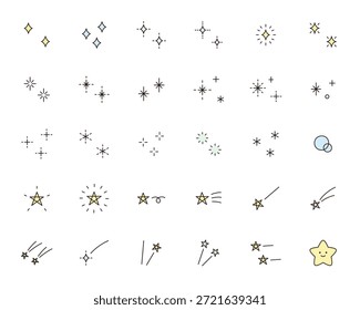 Vektorgrafik eines niedlichen Ikonensatzes. Sterne, Glitzer, funkelt, Sternschnuppen, Ornamente
