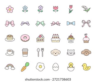 Vector illustration of a cute icon set. Ornaments, flowers, sweets, ribbons, dogs, chicks