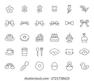 Vector illustration of a cute icon set. Ornaments, flowers, sweets, ribbons, dogs, chicks