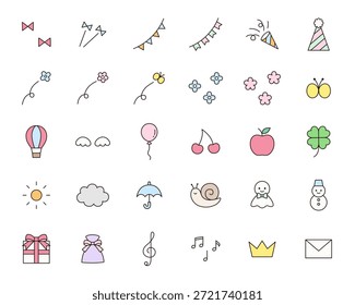 Vector illustration of a cute icon set. Ornaments, ribbons, weather, flowers, gifts