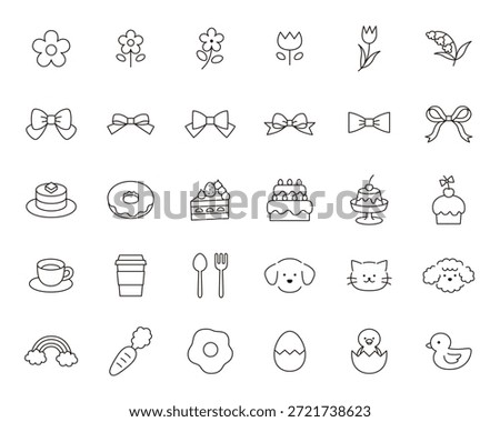 Vector illustration of a cute icon set. Ornaments, flowers, sweets, ribbons, dogs, chicks