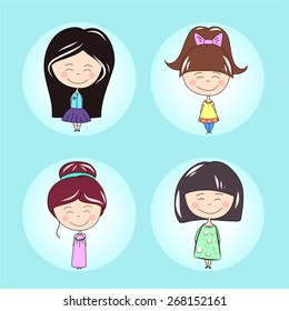Vector illustration with cute icons of young Asian girls in different clothes and hair styling