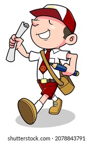 vector illustration of cute indonesian student cartoon walking good for graphic design and mascot logo