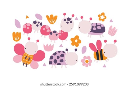 Vector illustration of cute insects: caterpillar, beetle, butterfly, ladybug, bee and flowers. Set with abstract insects for children. Spring. Scandinavian style.