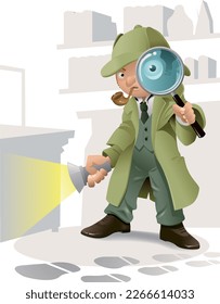 vector illustration of a cute inspector with magnifying glass and flashlight