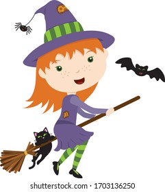 A vector illustration of a cute isolated flying girl Halloween witch on a broomstick with a cat and a bat