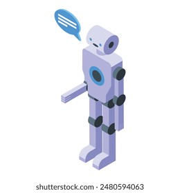 Vector illustration of a cute isometric robot with a chat icon, depicting artificial intelligence communication